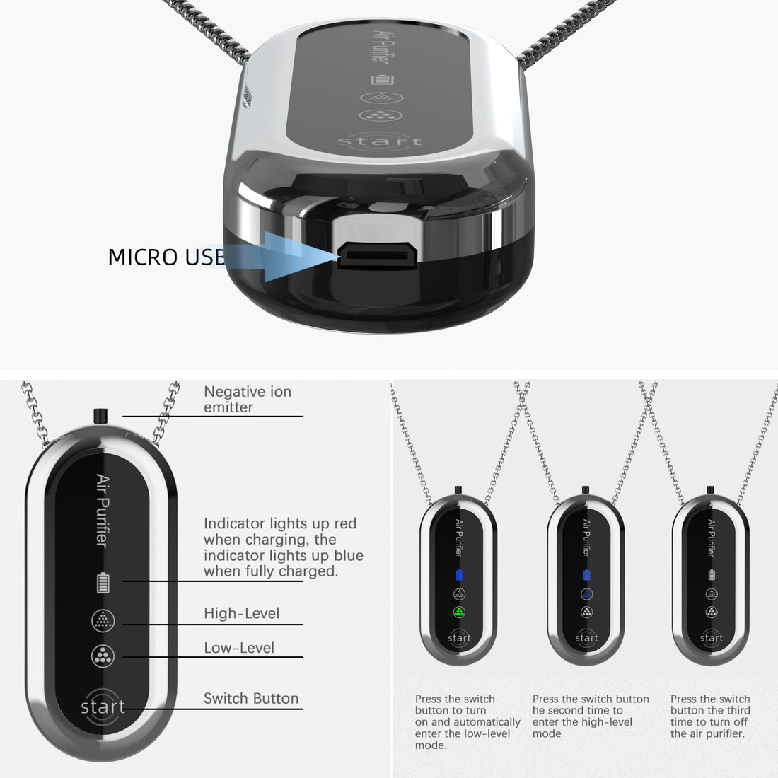 White and Black Personal Wearable Air Purifier Necklace - USB Rechargeable Ionizer for Cleaner Air On-The-Go - VogueDecor.au