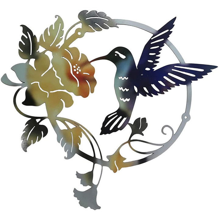 Yellow Set of 2 Round Metal Wall Art - Hummingbird & Flower Sculpture for Indoor & Outdoor Decor - VogueDecor.au