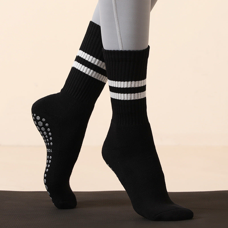 Black (3-Pack) Unisex Striped Non-Slip Grip Socks - Cotton Crew Socks for Yoga, Pilates & Home Workouts