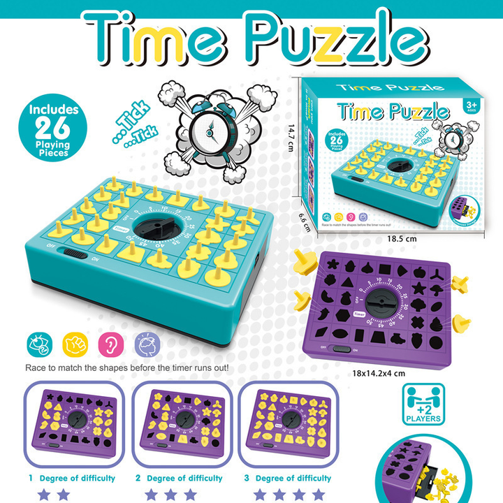 Blue Time Puzzle Shape Matching Game, Kids Educational Memory Board Game with Timer, 26 Pieces Montessori Sorting Puzzle Toy for Cognitive Development, Parent-Child Interactive Tabletop Game for Ages 3+, Brain Training Activity Toy