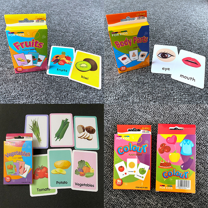 4-Set  Kids Early Education Flash Cards, Montessori Cognitive Development Toys for Toddlers Ages 4+, Educational Gift for Boys Girls【Vegetables+Fruits+Colour+Body Parts】