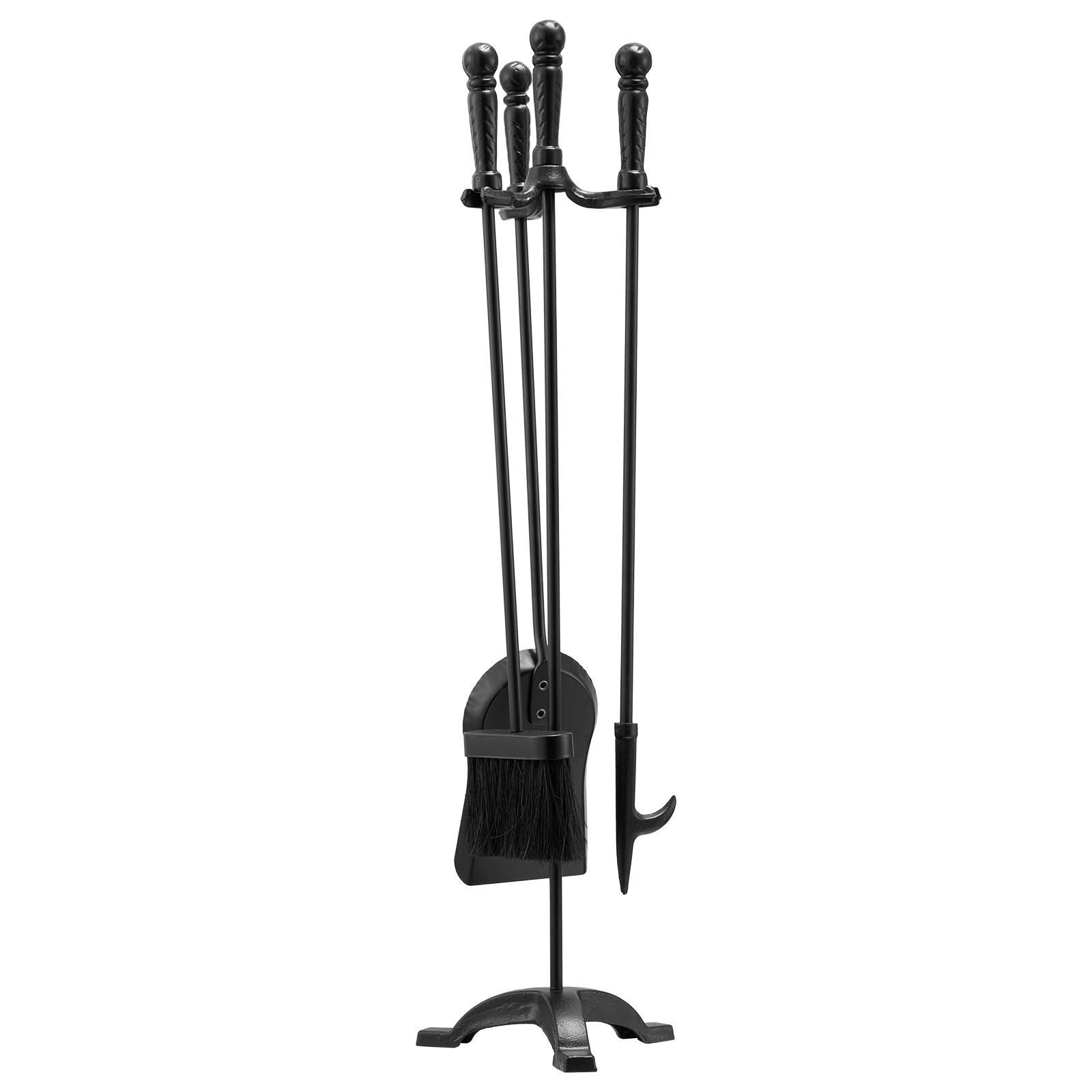 Fireplace Tool Set, 4 PCS Fire Tool Set and Holder with Three-Prong Stand, Ash Shovel, Brush, Fire Place Poker, Wrought Iron Fireplace Accessories for Campfire Indoor/Outdoor, Black