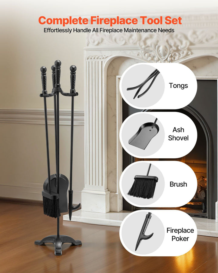 Fireplace Tool Set, 4 PCS Fire Tool Set and Holder with Three-Prong Stand, Ash Shovel, Brush, Fire Place Poker, Wrought Iron Fireplace Accessories for Campfire Indoor/Outdoor, Black