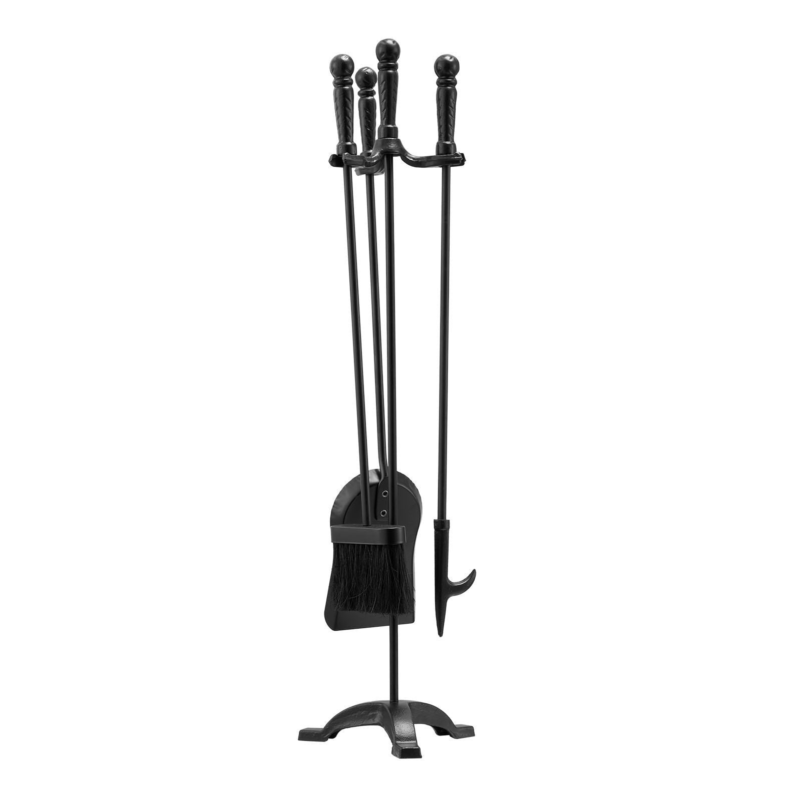 Fireplace Tool Set, 4 PCS Fire Tool Set and Holder with Three-Prong Stand, Ash Shovel, Brush, Fire Place Poker, Wrought Iron Fireplace Accessories for Campfire Indoor/Outdoor, Black
