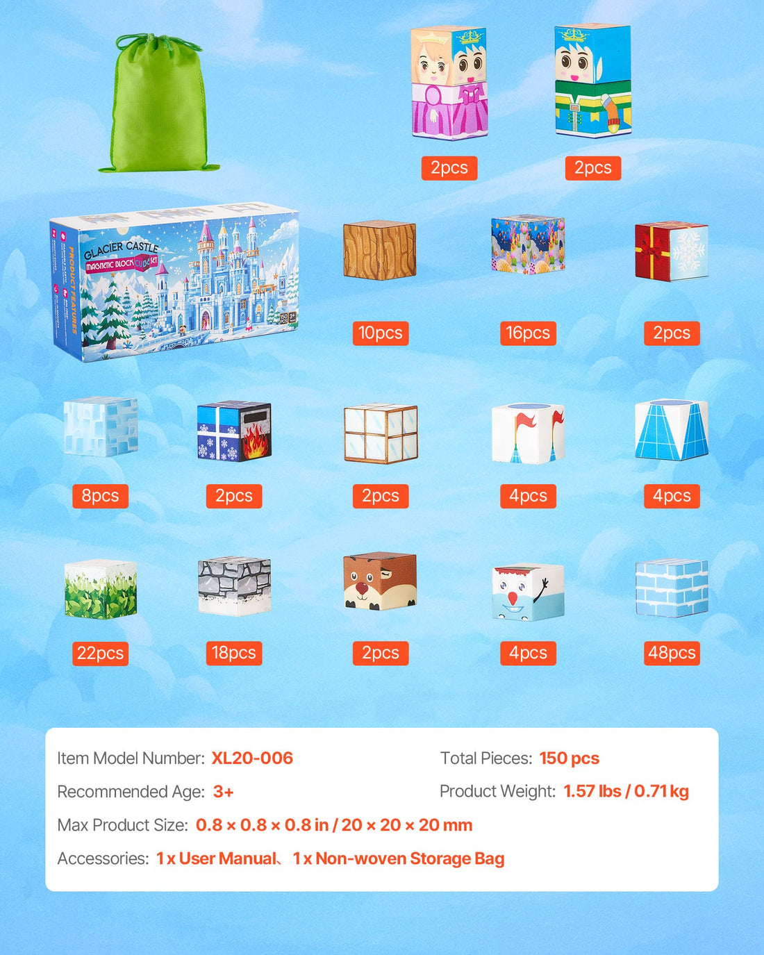 Magnetic Blocks, 150 PCS Glacier Castle Set, Magnetic Building Cubes for Kids, STEM Montessori Sensory Toys for Christmas Birthday Gift, Construction Stacking Toy for 3+ Years Old Boys & Girls