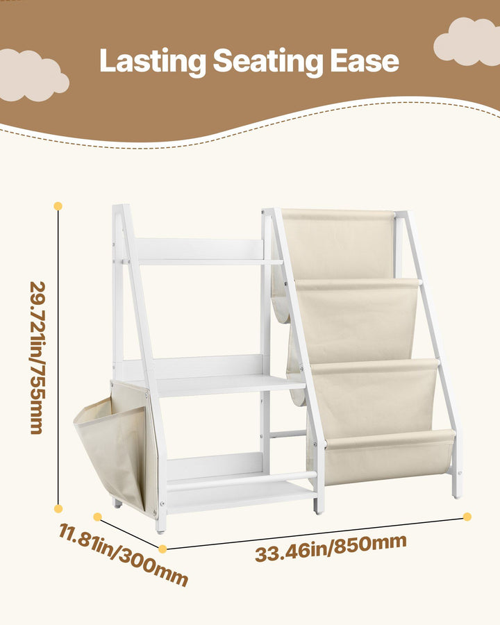 3-Tier Kids Bookshelf, Toy Storage Organizer for Toddler, Book Shelf for Kids Rooms with Sling Book Rack and Storage Bag, Kids Storage Book Shelves for Kids Room, Playroom, Kindergarten, Nursery