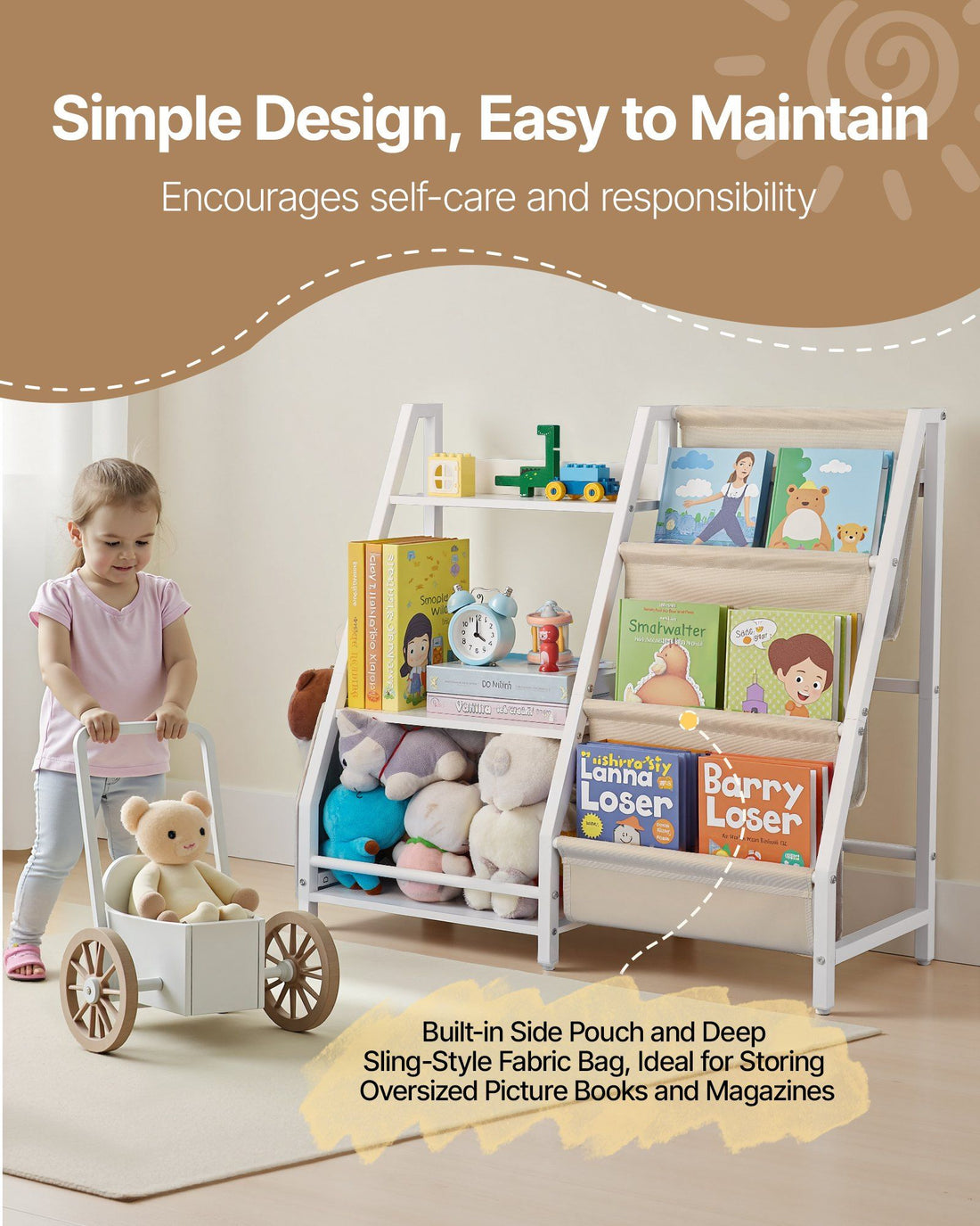 3-Tier Kids Bookshelf, Toy Storage Organizer for Toddler, Book Shelf for Kids Rooms with Sling Book Rack and Storage Bag, Kids Storage Book Shelves for Kids Room, Playroom, Kindergarten, Nursery