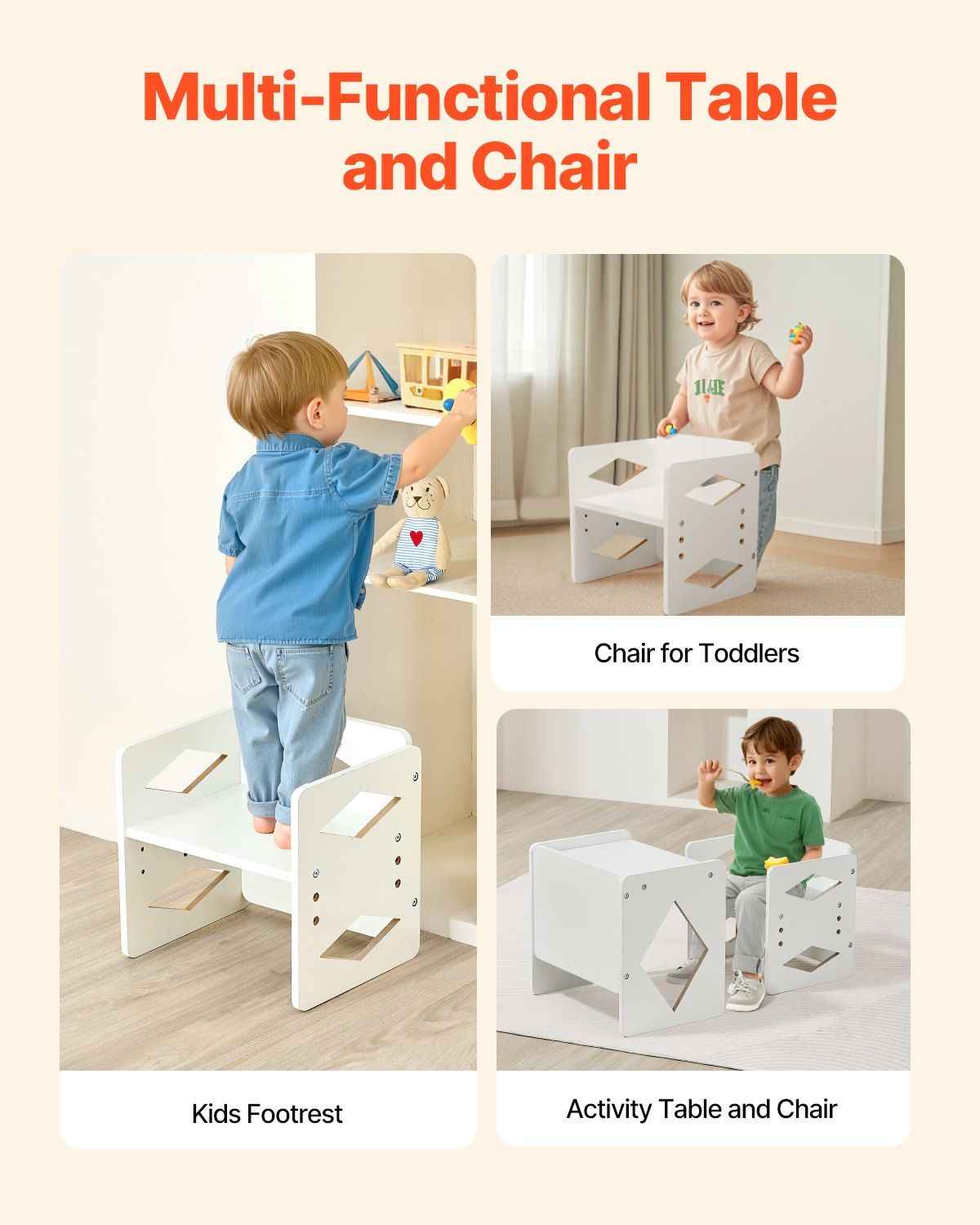 Montessori Weaning Table and Chair Set, Wooden Toddler Table and Chair Set for Aged 1-5, Adjustable Height Kids Montessori Chair and Activity Table, Ideal for Reading, Eating, Playing - White