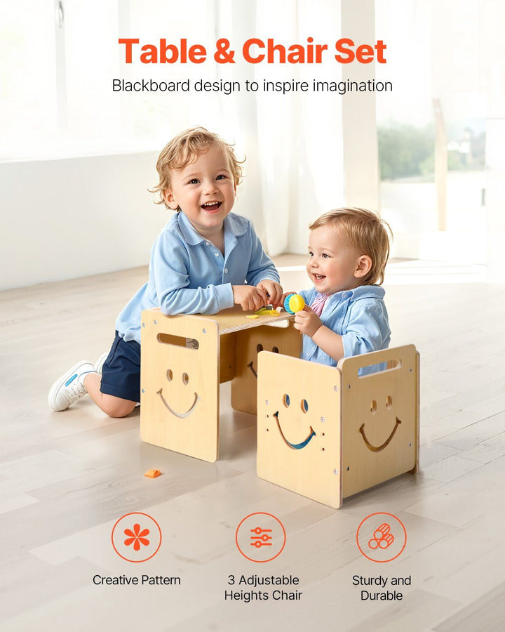 Montessori Weaning Table and Chair Set, 3 In 1 Wooden Toddler Table and Chairs with Chalkboard, Adjustable Height Montessori Table for Ages 1-5, Ideal for Drawing, Reading, Eating - Natural