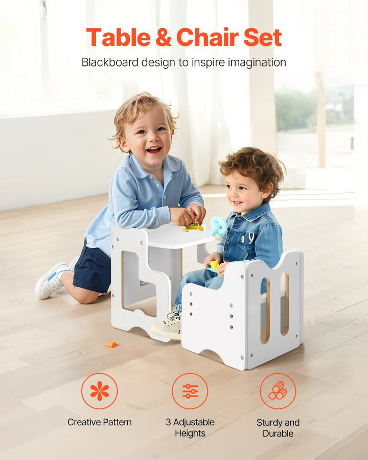Montessori Weaning Table and Chair Set, 3 In 1 Wooden Toddler Table and Chairs with Chalkboard, Adjustable Height Montessori Table for Ages 1-5, Ideal for Drawing, Reading, Eating - White