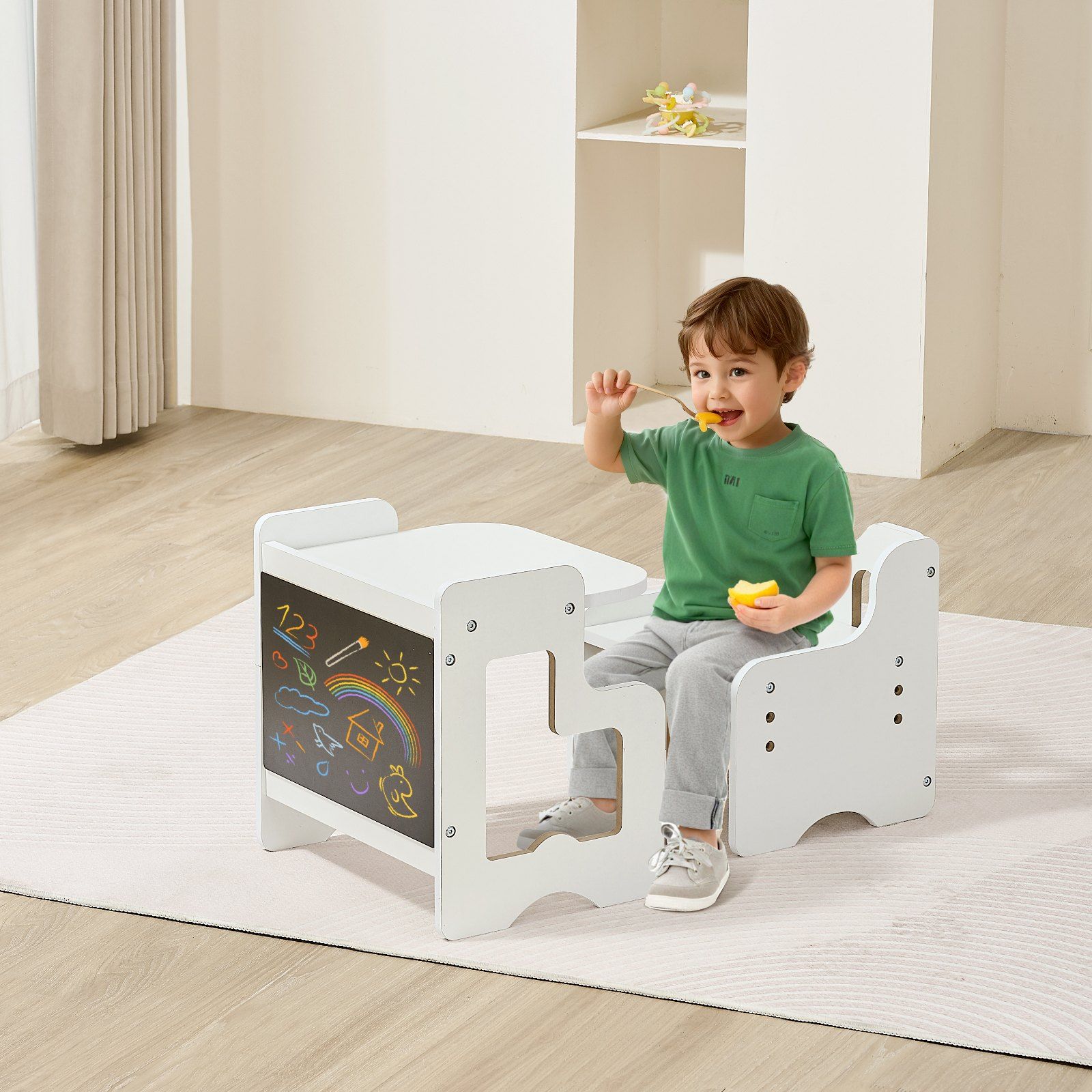 Montessori Weaning Table and Chair Set, 3 In 1 Wooden Toddler Table and Chairs with Chalkboard, Adjustable Height Montessori Table for Ages 1-5, Ideal for Drawing, Reading, Eating - White