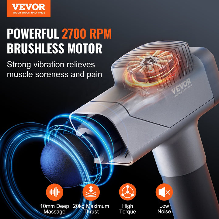 VEVOR Massage Gun Deep Tissue, Percussion Muscle Massager for Athletes - with 8 Speed Levels & 6 Massage Heads, 16V 2500mAh Batteries, Handheld Electric Massage Gun for Pain Relief, Muscle Relaxation
