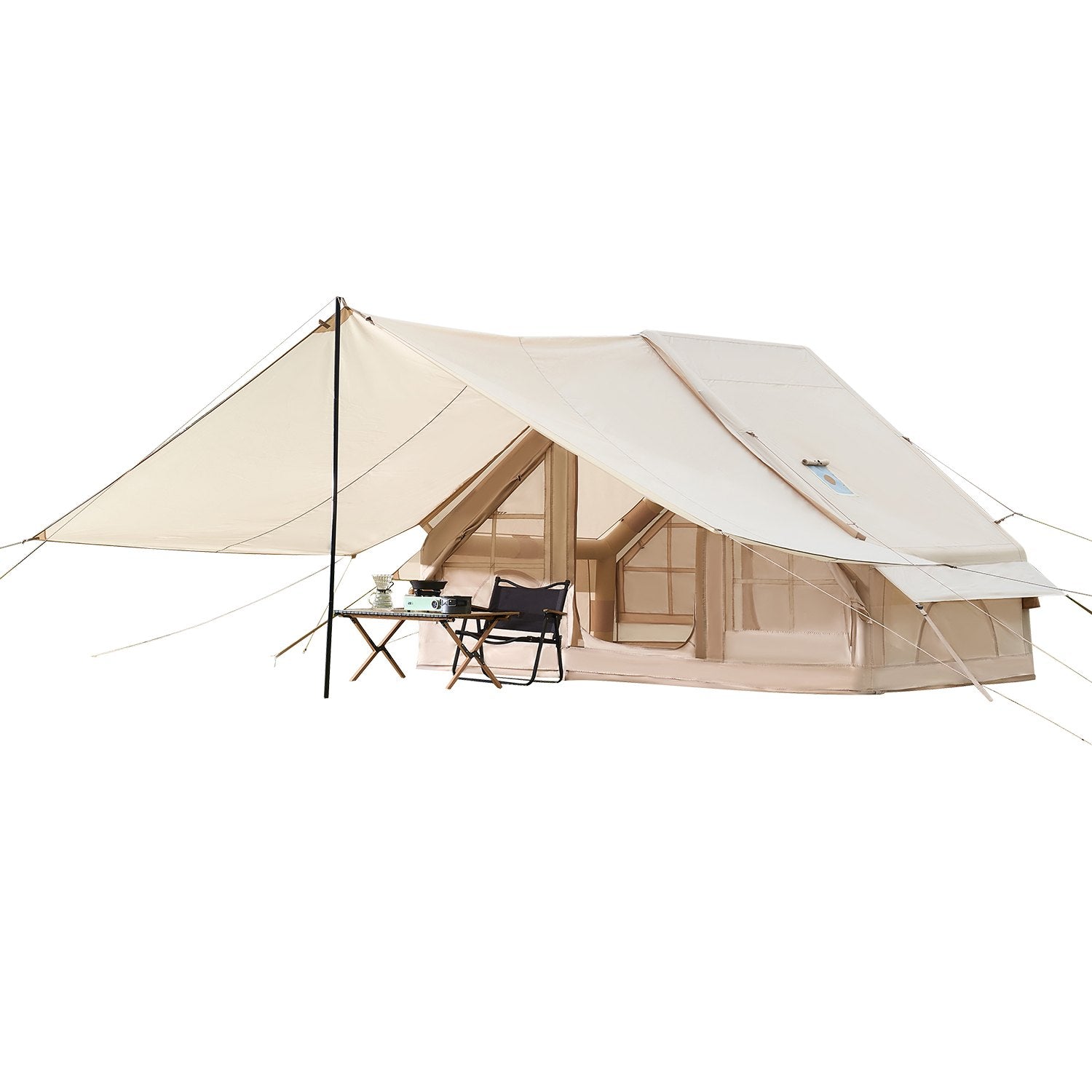 VEVOR Inflatable Tents for Camping, 3-5 Person Easy Setup Blow up Tent with Hand Pump, 300D Oxford 4 Season Glamping Tent with Canopy, Stove Jack, 2 Doors & 2 Mesh Windows (Storage Bag Included)
