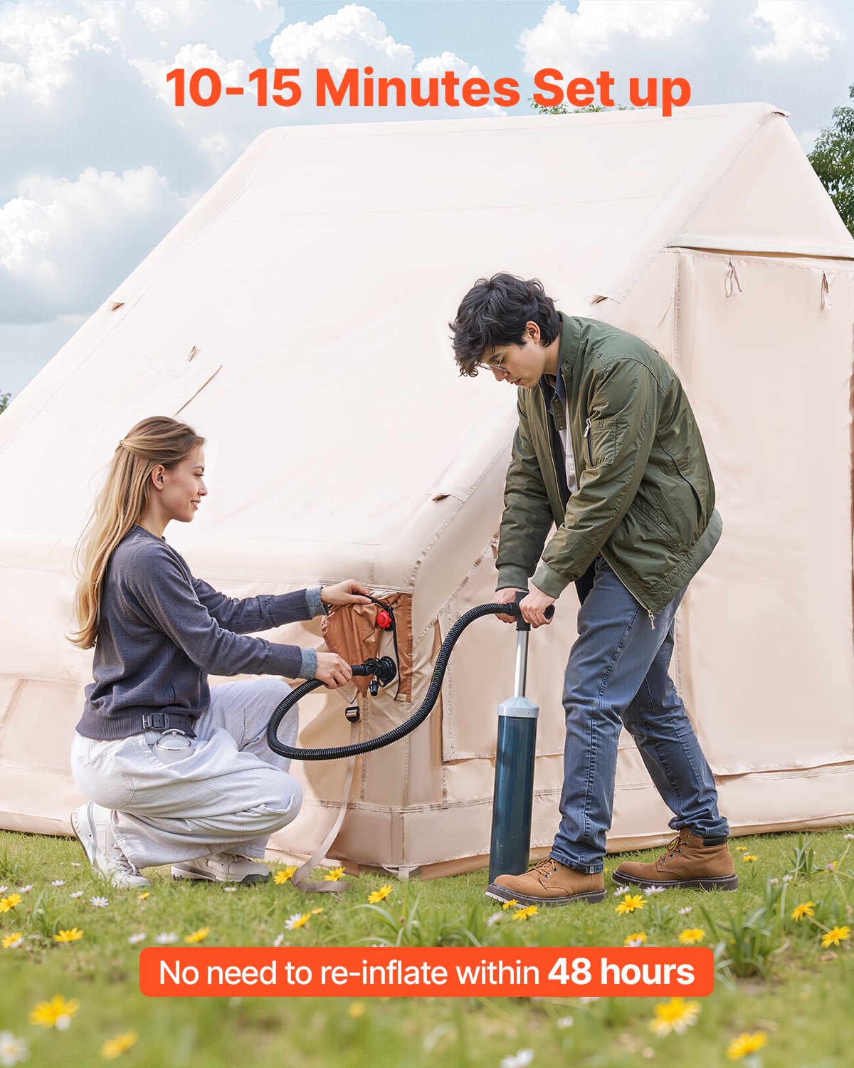 VEVOR Inflatable Tents for Camping, 3-5 Person Easy Setup Blow up Tent with Hand Pump, 300D Oxford 4 Season Glamping Tent with Canopy, Stove Jack, 2 Doors & 2 Mesh Windows (Storage Bag Included)
