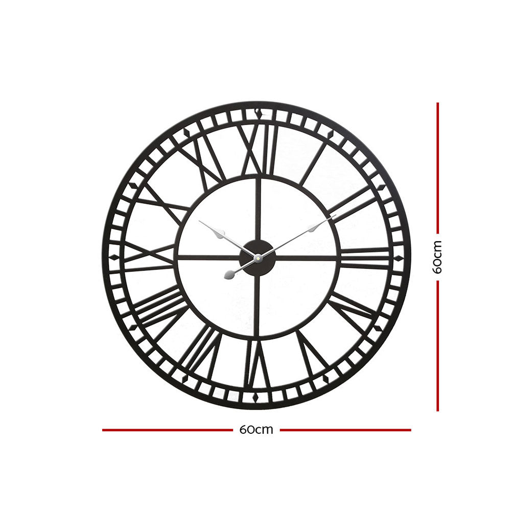 Artiss 60cm Wall Clock Large Roman Numerals Metal Black - VogueDecor.au