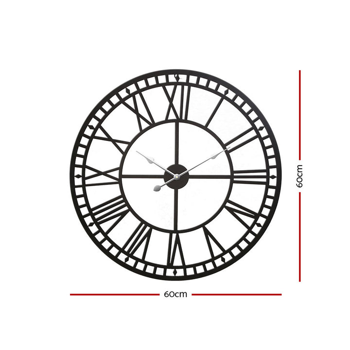 Artiss 60cm Wall Clock Large Roman Numerals Metal Black - VogueDecor.au