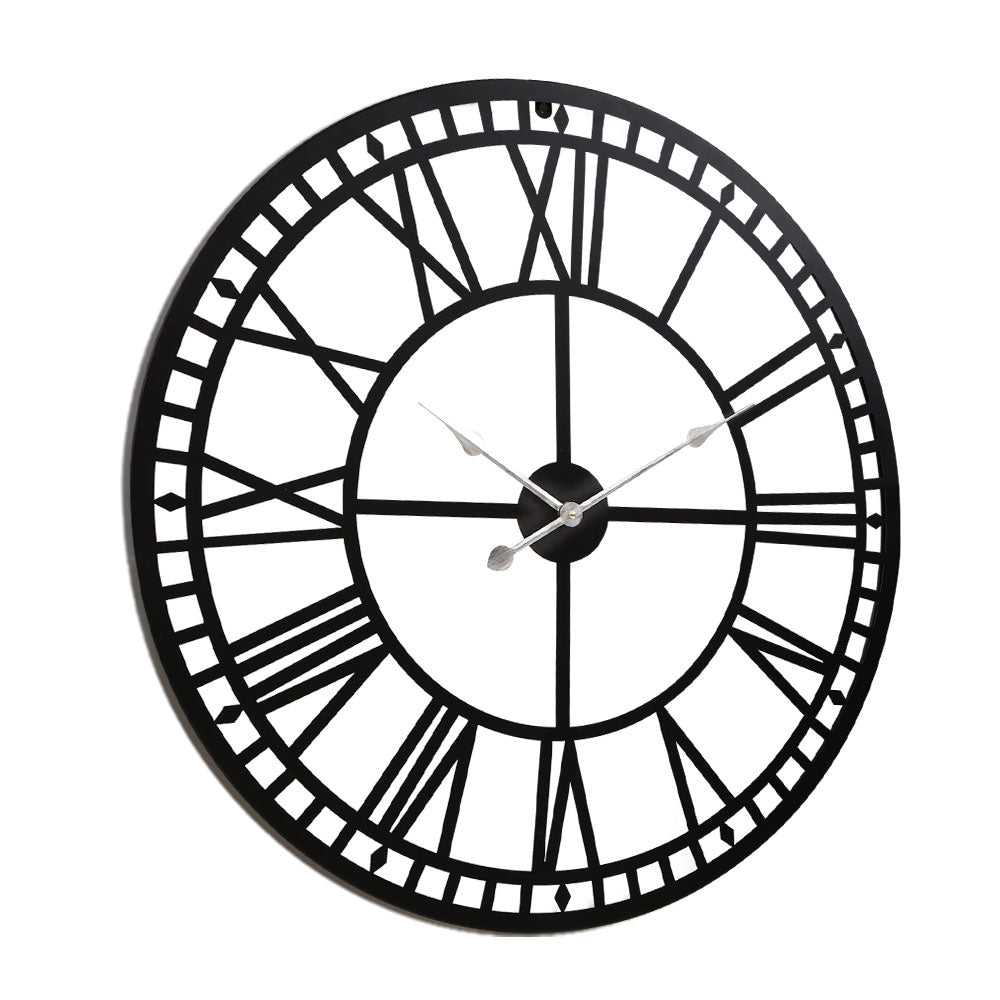 Artiss 60cm Wall Clock Large Roman Numerals Metal Black - VogueDecor.au