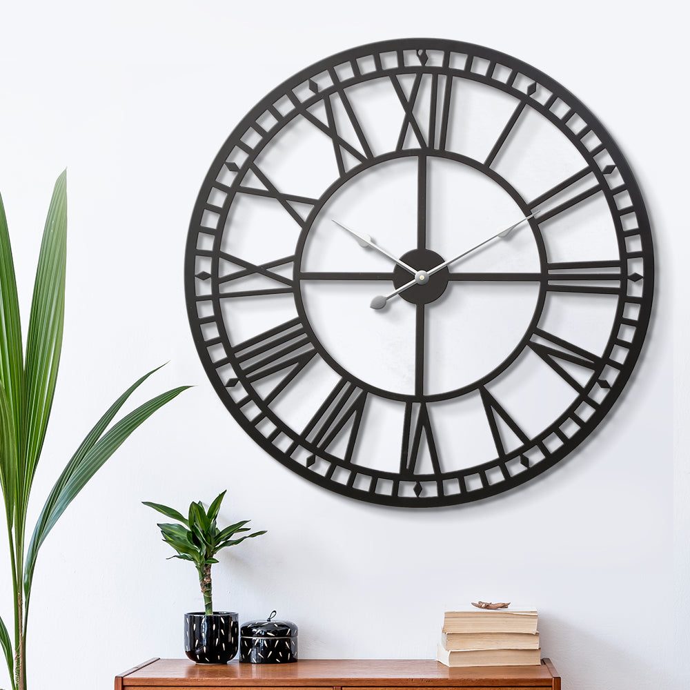 Artiss 80cm Wall Clock Large Roman Numerals Metal Black - VogueDecor.au