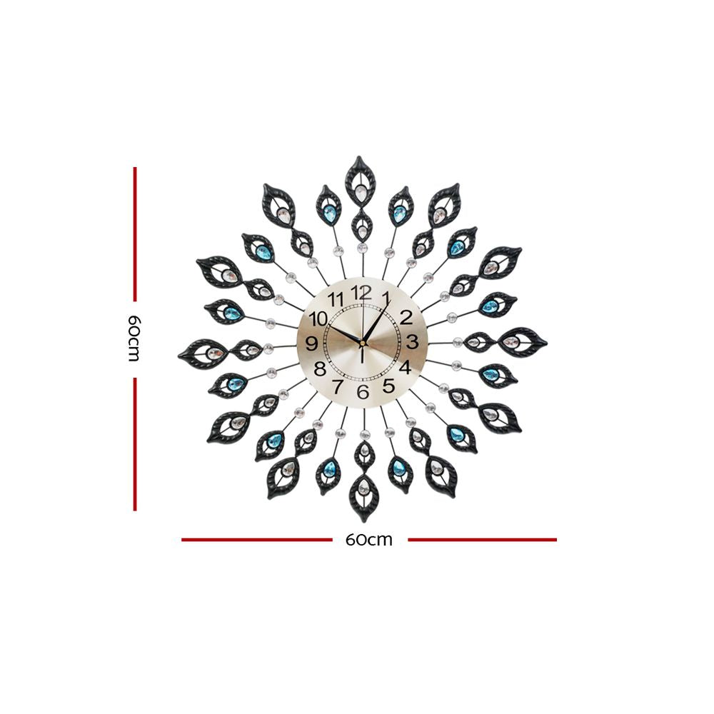 Artiss 60cm Wall Clock Large 3D Peacock Crystal Silver - VogueDecor.au