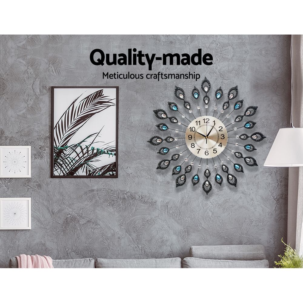 Artiss 60cm Wall Clock Large 3D Peacock Crystal Silver - VogueDecor.au