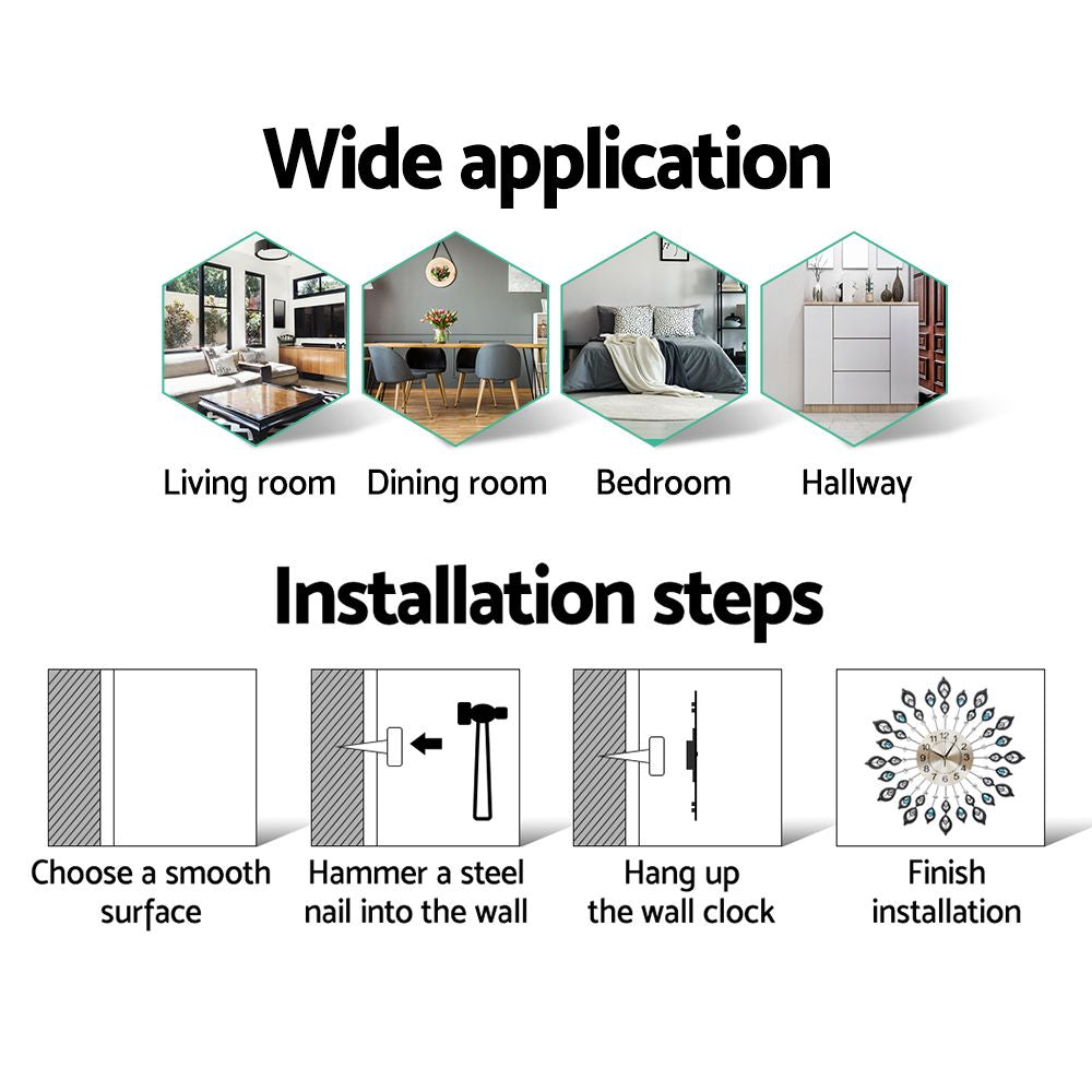 Artiss 60cm Wall Clock Large 3D Peacock Crystal Silver - VogueDecor.au