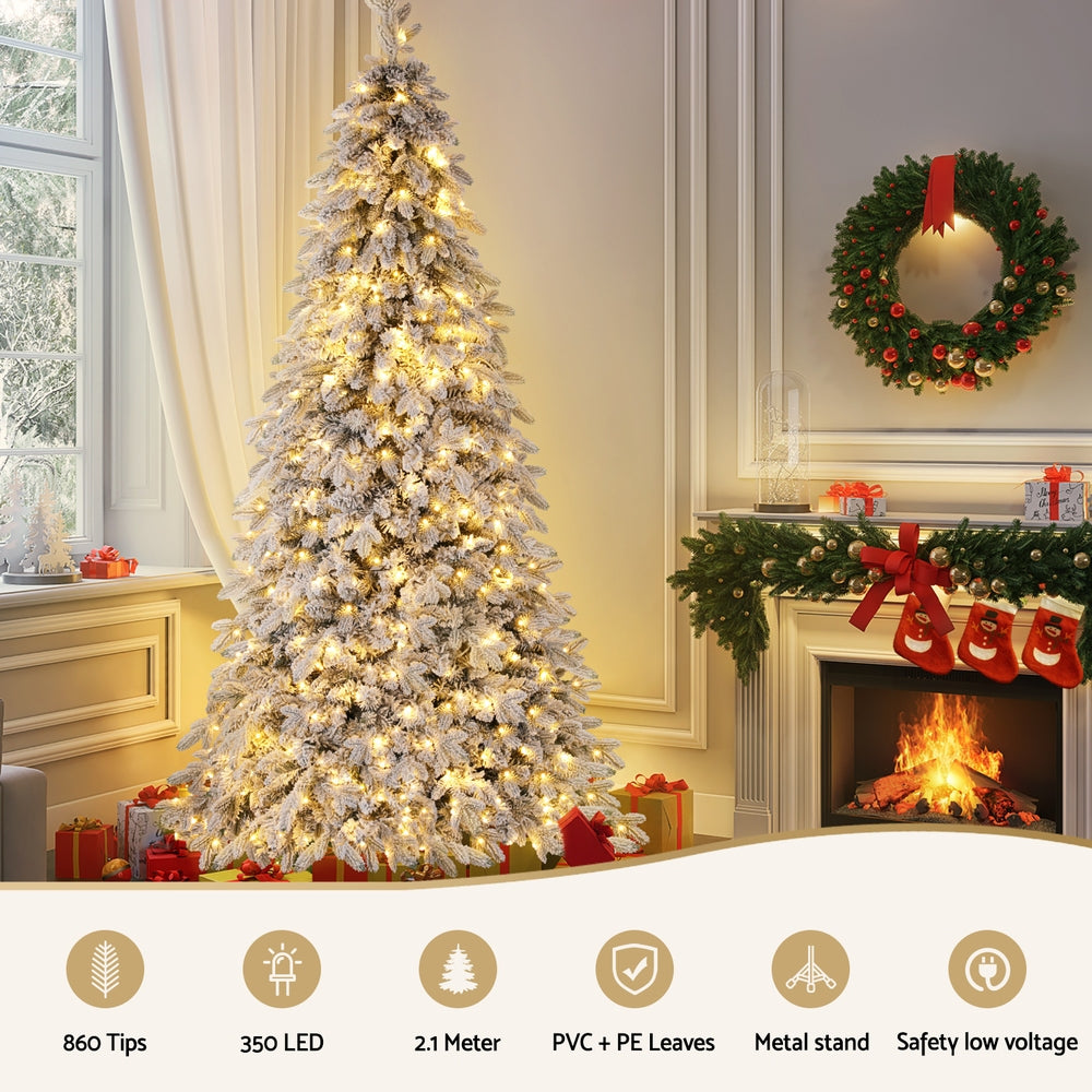 Jingle Jollys Christmas Tree 2.1m Flocking Pencil Tree LED Xmas 860 Tips White - VogueDecor.au