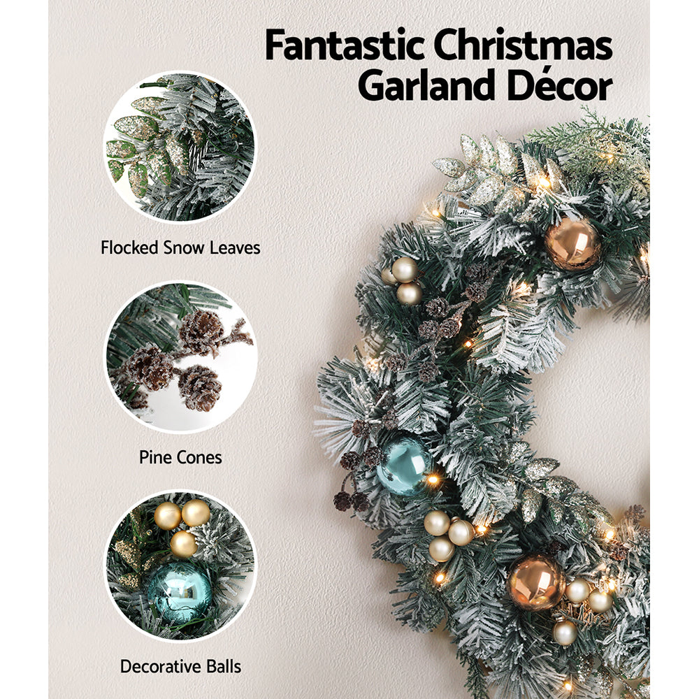 Jingle Jollys 60cm Christmas Wreath with LED Lights Snowy Garland Xmas Decor - VogueDecor.au
