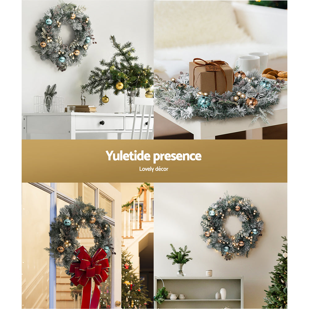 Jingle Jollys 60cm Christmas Wreath with LED Lights Snowy Garland Xmas Decor - VogueDecor.au