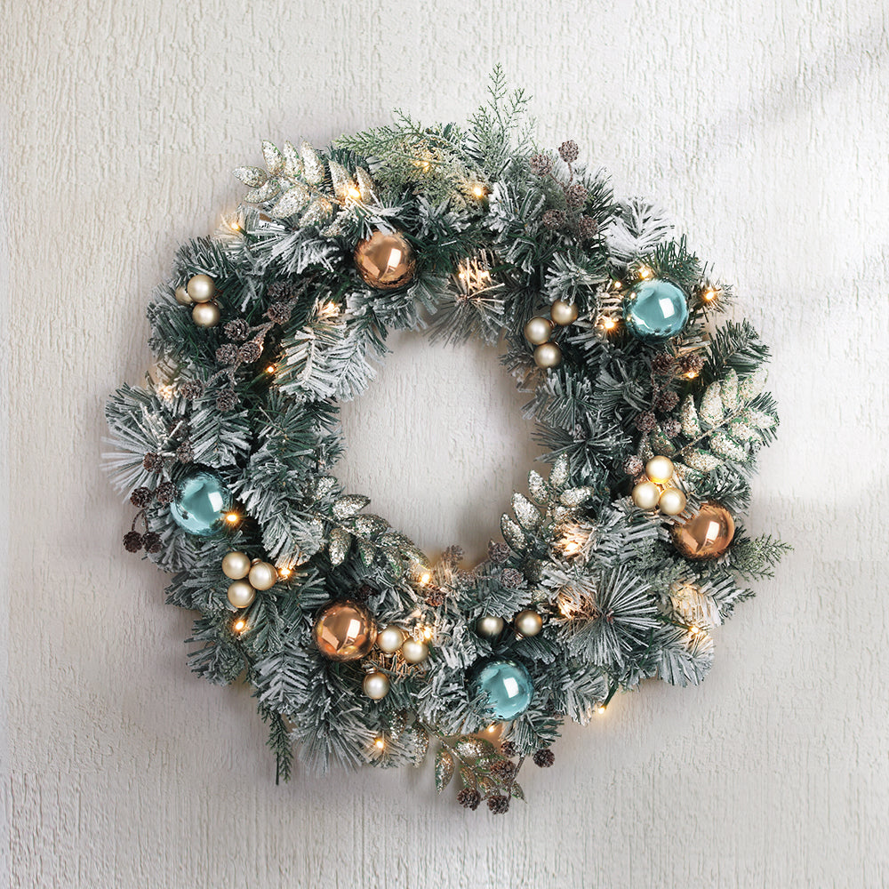 Jingle Jollys 60cm Christmas Wreath with LED Lights Snowy Garland Xmas Decor - VogueDecor.au