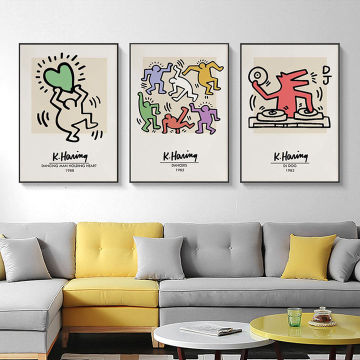 60cmx90cm Keith Haring Pop Art 3 Sets Black Frame Canvas Wall Art