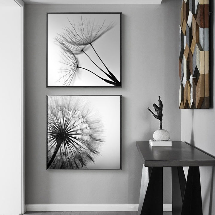 50cmx50cm Black and white dandelion 2 Sets Black Frame Canvas Wall Art